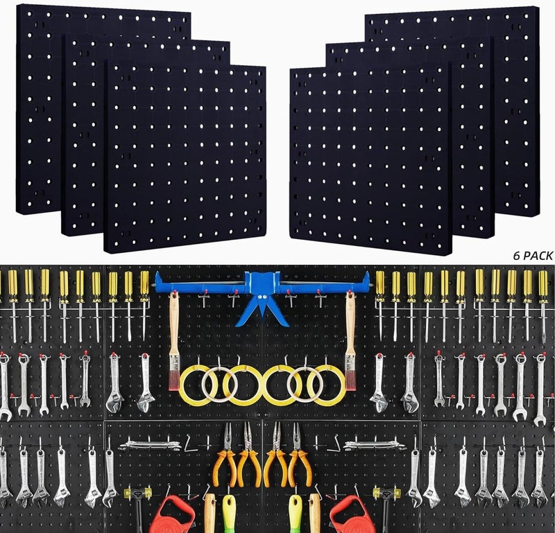 Lansi Peg Board Wall Organizer Panels - 6Pcs Black ABS Pegboard Wall Mount for Home, Craft Room, Garage, Kitchen, Workshop, Tool Organization, 10*10in (No Hooks and Bins) - Image 1